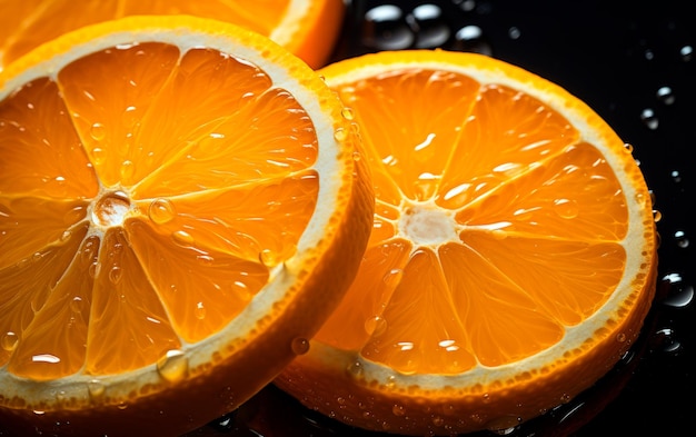 High view of fresh slices of oranges with water droplets Studio shot