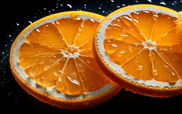 High view of fresh slices of oranges with water droplets Studio shot