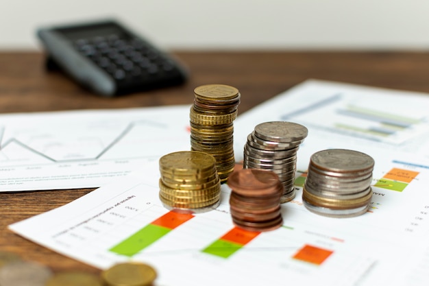 high view variety of coins and blurred background