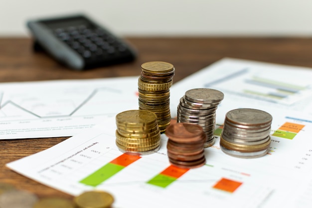 Photo high view variety of coins and blurred background