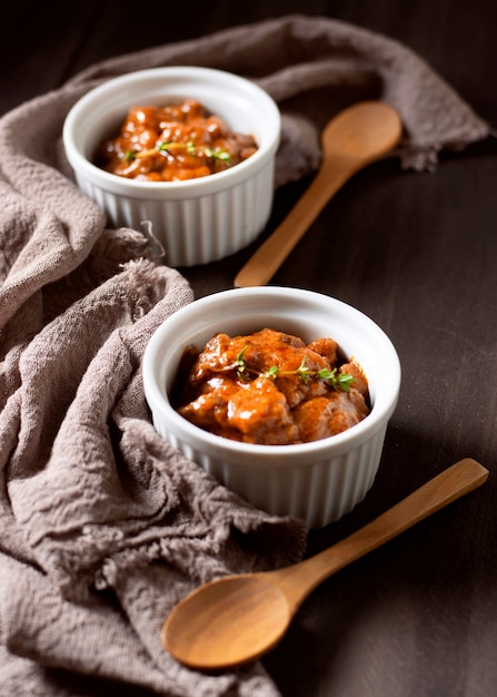 high view winter food stew in bowls