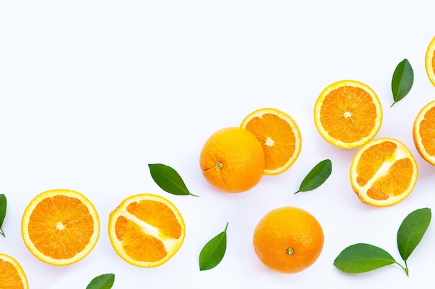 High vitamin C, Juicy and sweet. Fresh orange fruit on white surface.