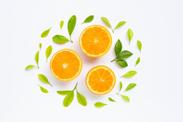 High vitamin C, Juicy and sweet Fresh orange fruit with green leaves  