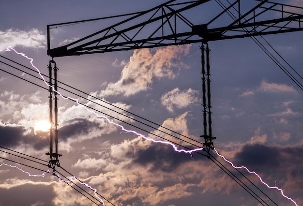 High voltage electric power lines with lightnings