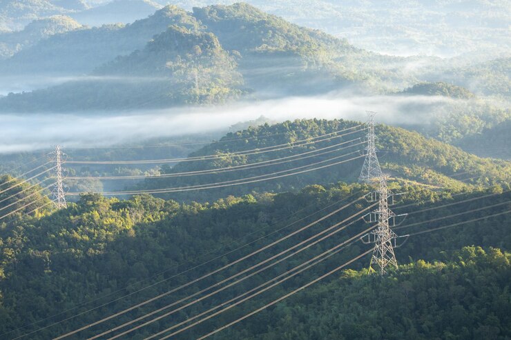 夕暮れ時の緑の農業風景にある高圧電力鉄塔