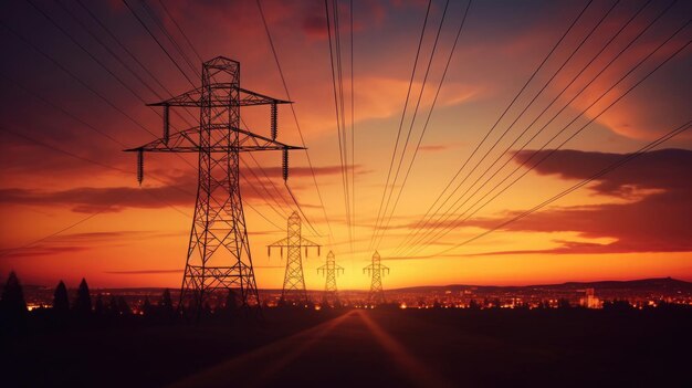 High voltage electric transmission tower at sunset Generative Ai