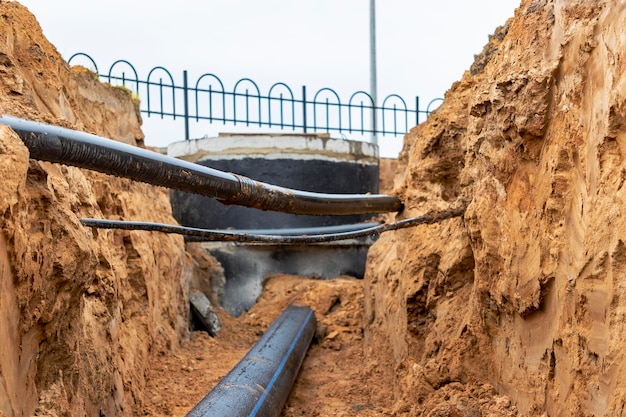 The high voltage electrical cable is laid in a trench under
existing engineering sewerage networks laying a high voltage cable
for supplying buildings with electricity