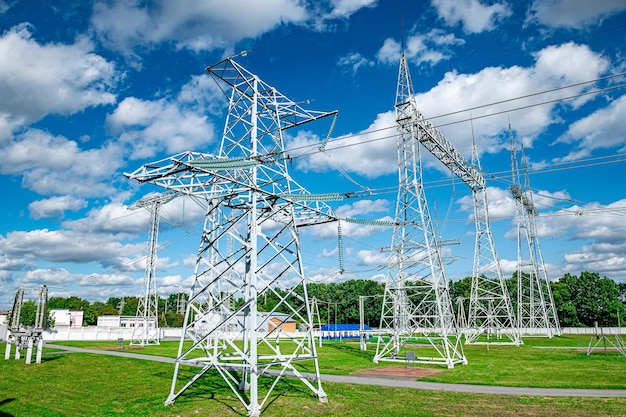 High voltage electrical network against the blue sky