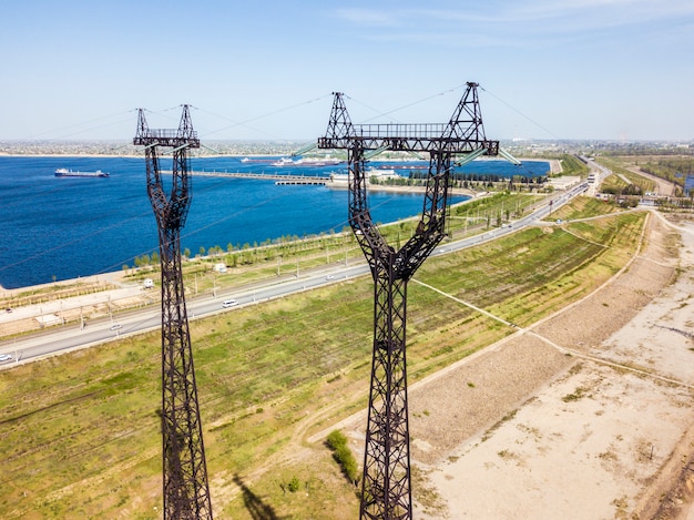 High voltage electricity towers outdoor aerial view