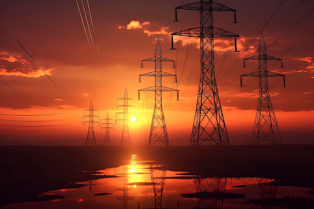 High voltage post High voltage tower sky sunset background AI technology generated image