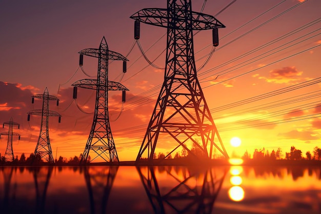 High voltage post High voltage tower sky sunset background AI technology generated image