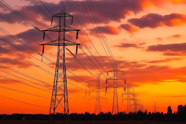 High voltage post High voltage tower sky sunset background AI technology generated image