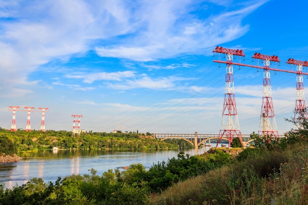 High voltage power line across the Dnieper river on Khortytsia island in Zaporizhia Ukraine