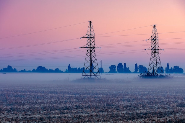 High voltage power line on a field at dawn Foggy morning in the countryside