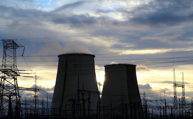 High voltage power lines and cooling towers of giant power station