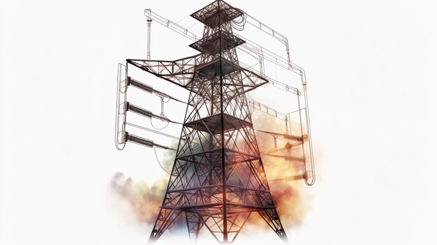 High voltage power lines in the sky 3D illustration watercolor png isolated