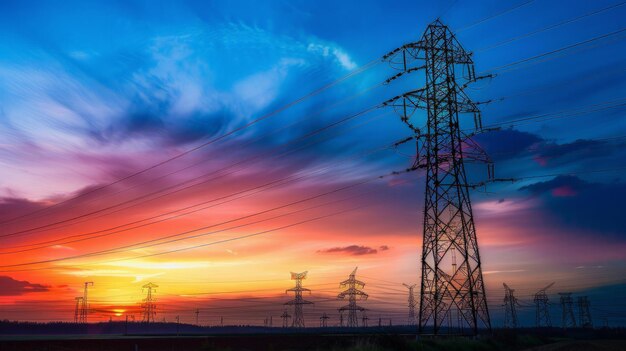 high voltage power lines at sunsethigh voltage electric transmission tower