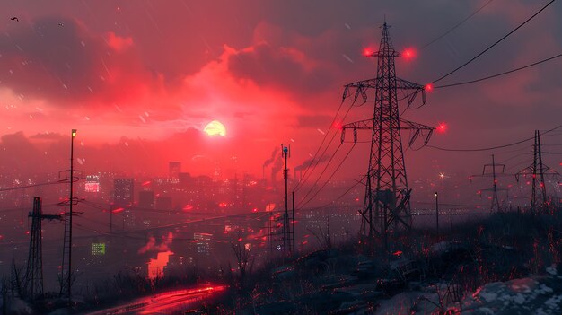 Photo high voltage tower high glued lines and lightning bolts in the sky energy concept glowing electric wires lightning with thunder in the background power line tower with sparks and flashlights