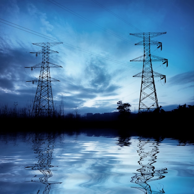 The high-voltage tower at night