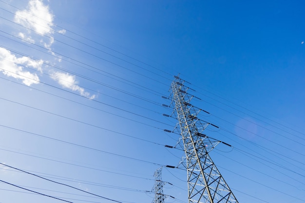 High voltage towers from below.