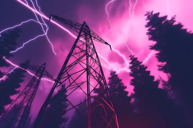 High voltage transmission systems electric pole neon glow power lines neural network ai generated