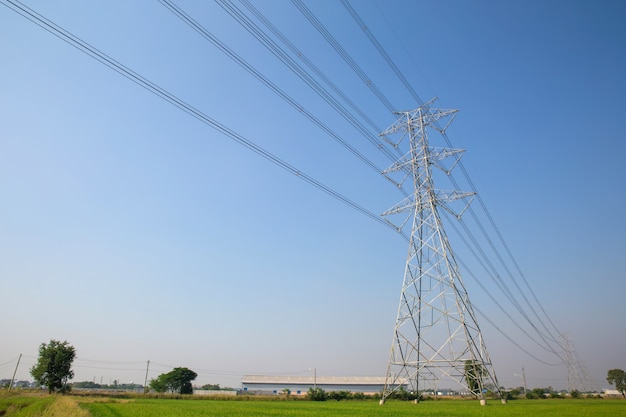 High-voltage transmission tower and wiring cable.