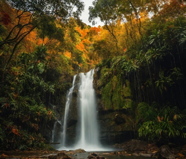 High waterfall in picturesque autumn forest AI generative illustration Water flow falling from cliff