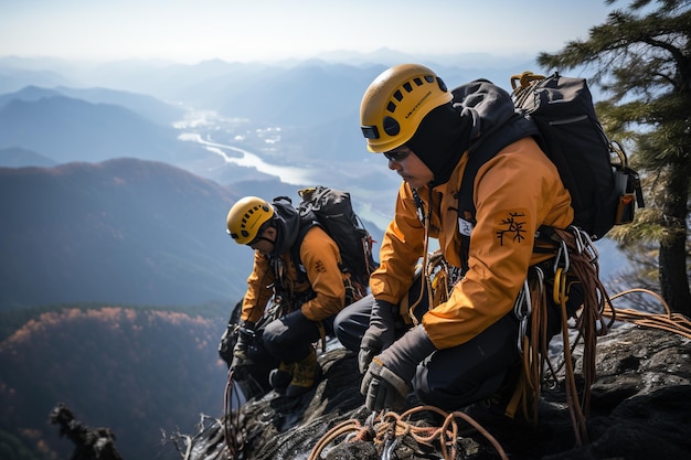 Foto il personale di soccorso in alta quota utilizza sistemi di corde per salvare le persone in difficoltà generato con l'intelligenza artificiale