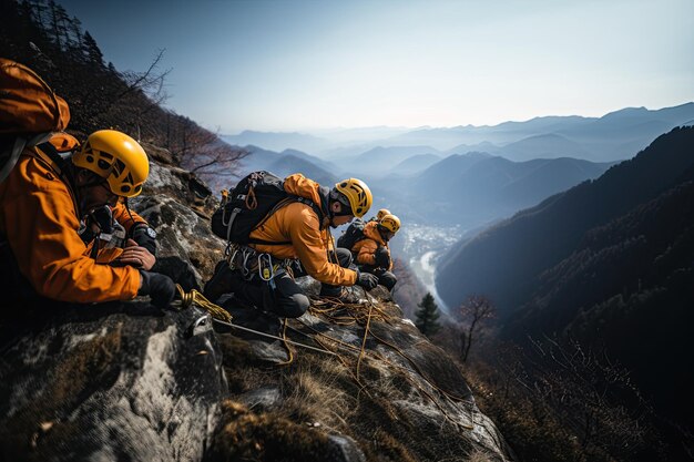 Highaltitude rescue personnel use rope systems to rescue people in distress Generated with AI