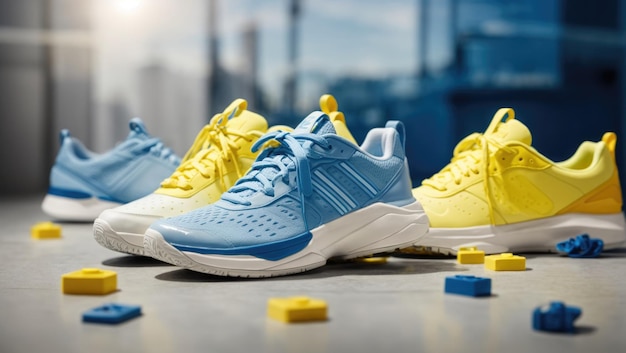 HighAngle CloseUp Blue and Yellow Futuristic Sneaker Trio on White Surface