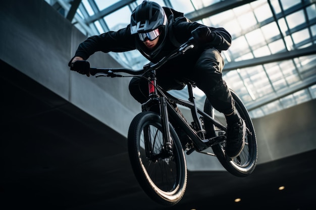 Foto una ripresa dinamica ad alto angolo di un appassionato di sport estremi che esegue una mossa audace come i trucchi bmx che cattura la scarica di adrenalina del momento generative ai