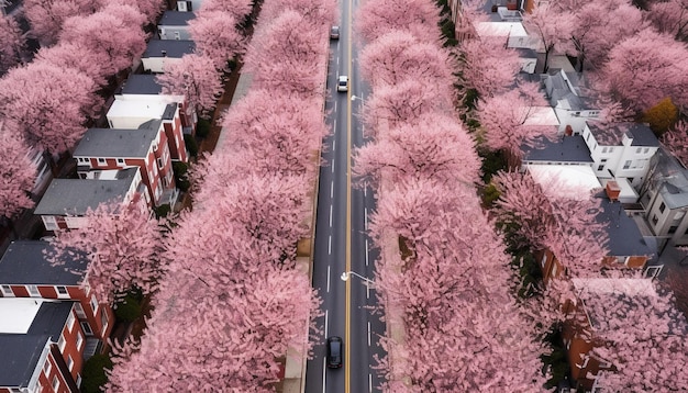 A highangle photo of a cherry blossomlined street