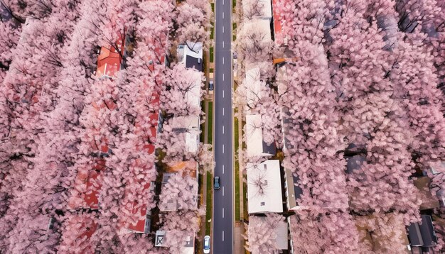 A highangle photo of a cherry blossomlined street