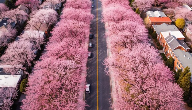 A highangle photo of a cherry blossomlined street