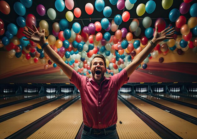 Foto un'inquadratura dall'alto di un giocatore di bocce che celebra uno strike, catturato dall'alto per mostrare l'esultanza