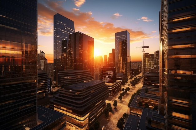 Highangle shot of a business district at sunset Generative ai