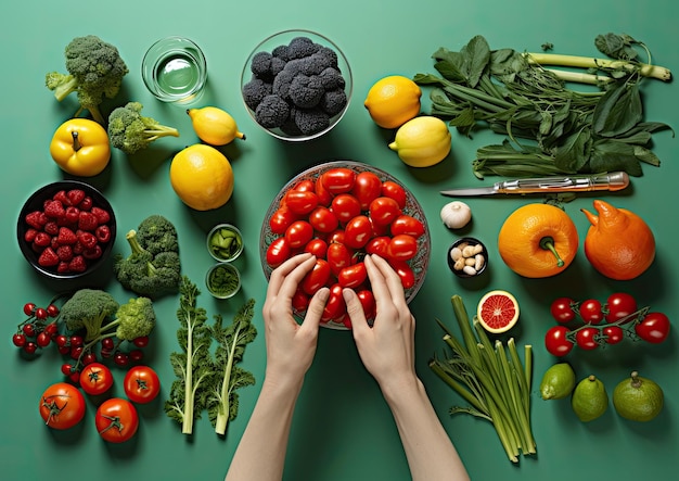 A highangle shot of a cashier's hands arranging colorful fruits and vegetables on a display with