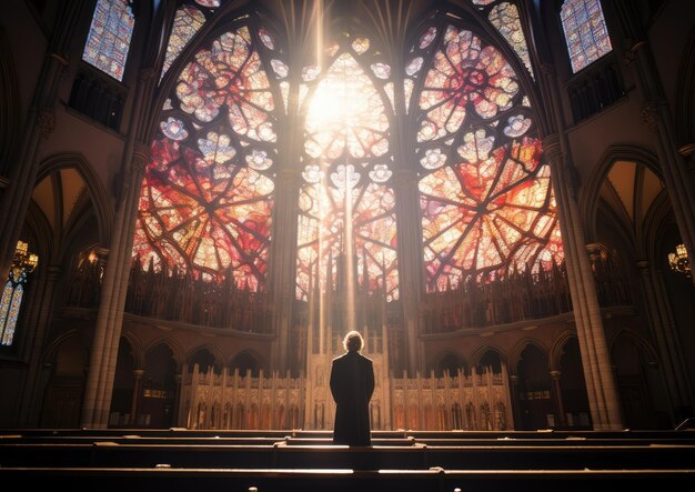 A highangle shot of a chaplain conducting a religious ceremony in a grand cathedral with the