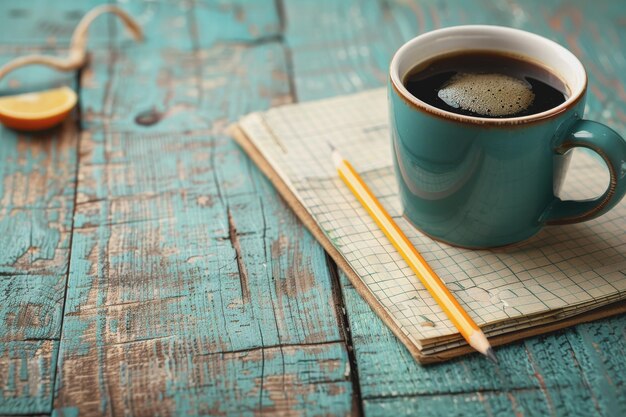 Highangle shot desk table with pencil notebook coffee cup Space on the left side