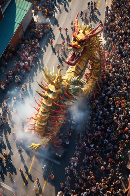 A highangle shot of a grand chinese dragon procession