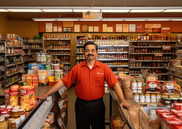 A highangle shot of a grocer standing behind the counter surrounded by neatly organized shelves