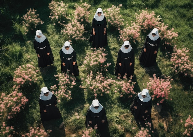 Снимок группы монахинь, работающих в саду, сделанный с помощью дрона или спутника под высоким углом.