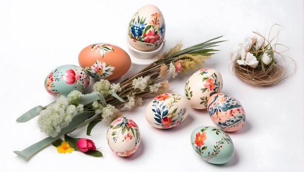 Фото Высокоугольный снимок крашеных яиц и украшенных растений к пасхе, снятый в польше