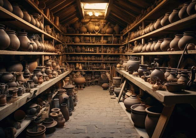 丁寧に配置された陶器の道具の列を展示する陶器師のスタジオの高角度のショットと