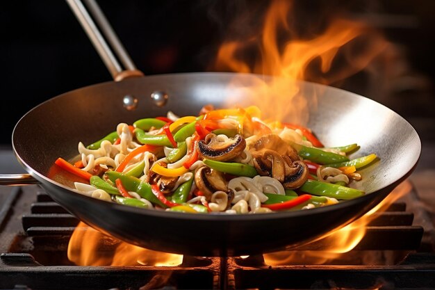 Foto scatto ad alta angolazione di un fritto frizzante in un wok