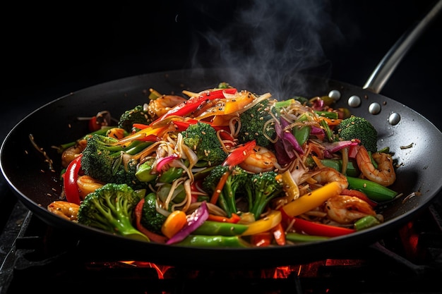 Photo highangle shot of a sizzling stirfry in a wok