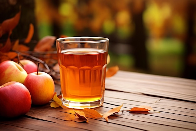 Highangle shot of sliced apples and a glass of apple juice on a wooden table