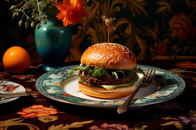 Foto scatto ad alto angolo di un burger vegetale servito con una pila di patatine di cavolo croccanti