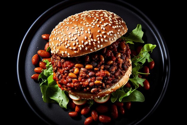 Foto scatto ad alto angolo di un burger vegetale servito con una pila di patatine di cavolo croccanti