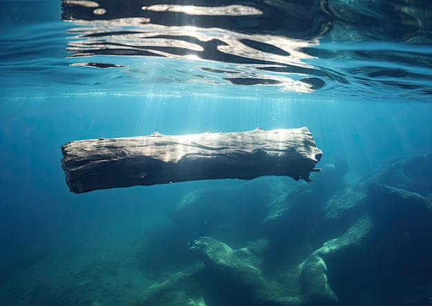 A highangle shot of a wooden log submerged in crystal clear water capturing the play of light and